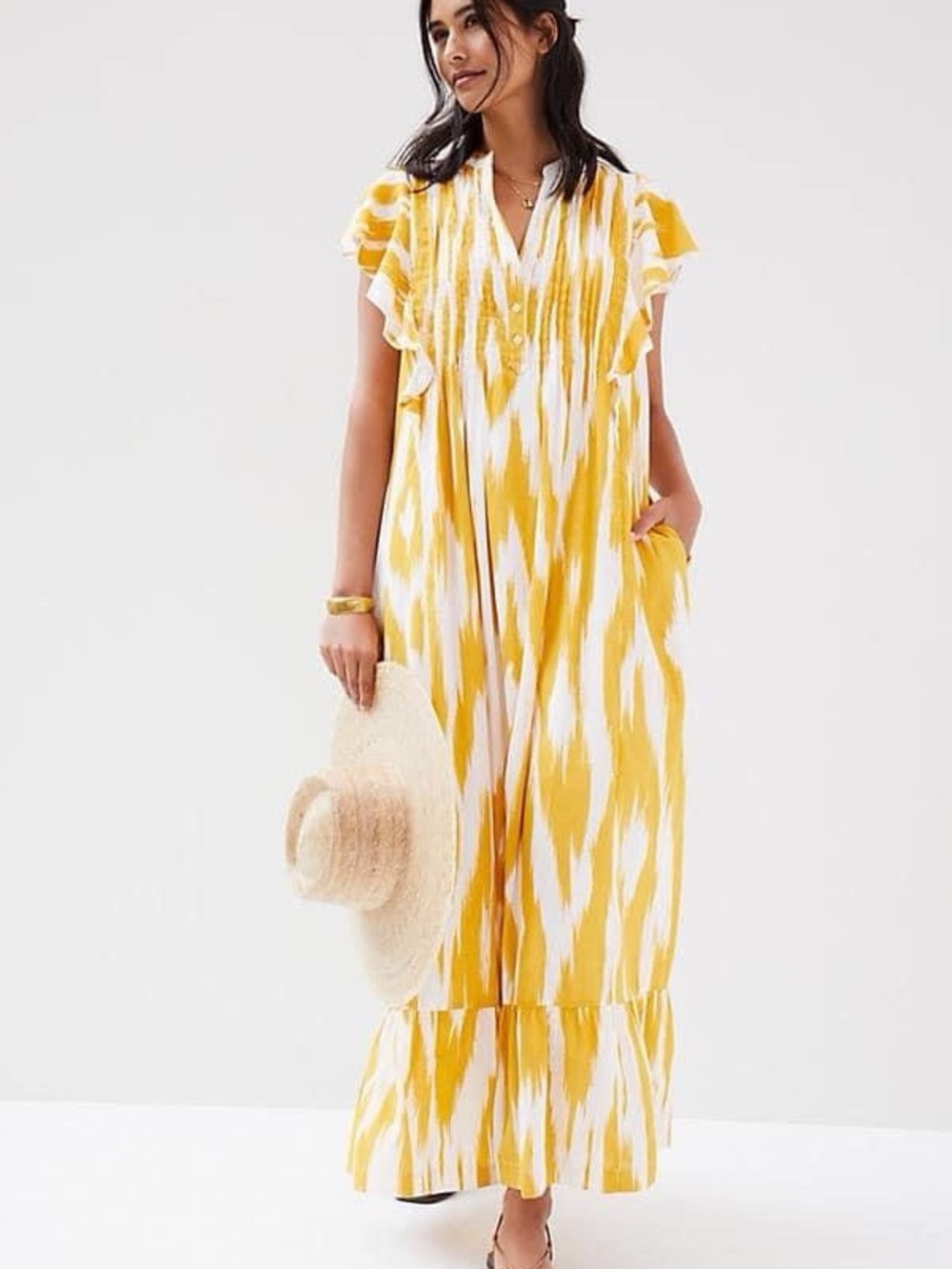Anthropologie Maeve Cassandra Maxi Dress Yellow and White Ikat Maxi Dress